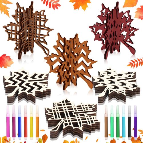 36 Pcs Fall Crafts Set 24 Maple Leaf Wood DIY Crafts Cutouts with 12 Colored Markers Unfinished Maple Leaf Wooden Slices for Thanksgiving Autumn Party Tiered Tray Decor Table Centerpiece