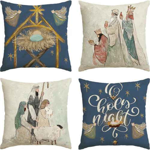 Christmas O Holy Night Jesus Snowflake Throw Pillow Covers, 18 x 18 Inch Xmas Winter Holiday Cushion Case Decoration for Sofa Couch Set of 4