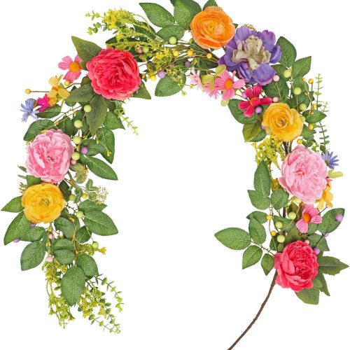Floral Peonies Garland for Mantle Door Decor, 5.17ft Spring Flowers Faux Garlands for Wedding Centerpiece Table Decorations
