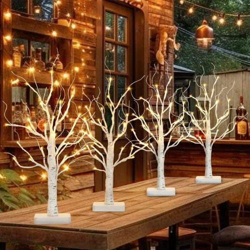 4 Pcs Lighted Birch Tree Battery Powered Tabletop Tree Decorations for Home Fireplace Party Christmas Decorations (22 Inch)