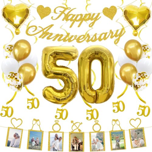 50th Anniversary Decorations Party Supplies Set of Happy Anniversary Photo Banner and Balloons,Hanging Swirls for 50 year Wedding decor(Gold)