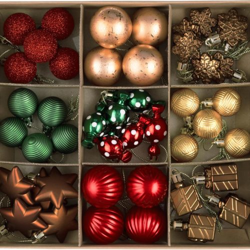 Mini Christmas Ornaments Set, 45ct Small Gingerbread Christmas Tree Decorations, Assorted Tiny Red Green Gold Shatterproof Plastic Decorative Hanging Ball Bulk for Xmas Home Table Decor