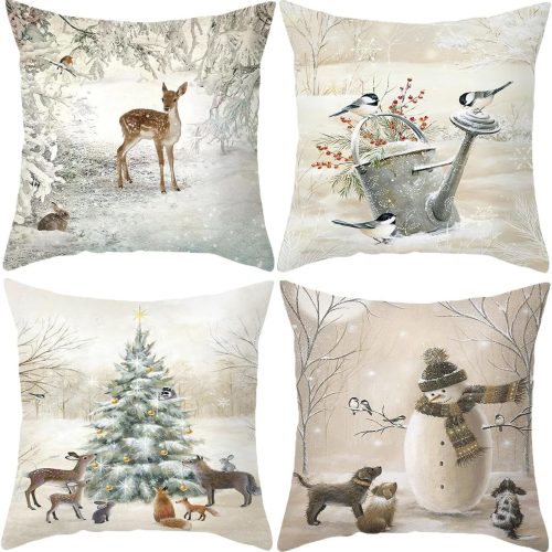 Animals Throw Pillow Cover Christmas - 18 x 18 Inch Pet Snowman Vase Deer Dog Rabbit Bird Xmas Tree Pillow Case - Set of 4 Square Winter Snowfield Pillowslip, Great for Sofa, Patio, bedroom Decor