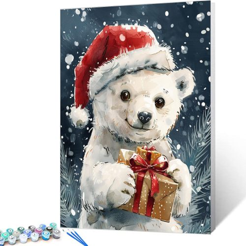 Cute Polar Bear Paint by Numbers Kit for Adult Christmas Animals DIY Canvas Paint by Numbers Red Santa Hat Acrylic Painting Home Decor Paint by Numbers Kits 16x20Inch Frameless
