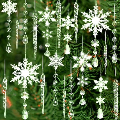 20 Pack Crystal Christmas Ornaments for Tree Decorations, Magicsky Acrylic Snowflake & Icicle & Drop Pendants for Winter Wonderland Santa, Hanging Ornament for Xmas New Year Party DIY Décor Supplies