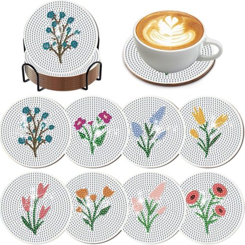 8 Pcs Diamond Art Coasters Kit with Holder, Diamond Art Kits for Adults Beginners Small Diamond Painting Coasters, Arts and Crafts for Adults Supplies Item Sets (Flower)