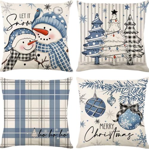 Christmas Pillow Covers Set of 4 for Xmas Decorative Pillowcase Winter Holiday Throw Cushion Case for Home Christmas Decor (Snowman Xmas Tree) (Red, 18”x18“)