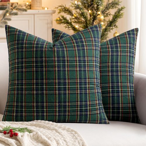 Christmas Set of 2 Scottish Tartan Plaid Throw Pillow Covers Farmhouse Classic Decorative Outdoor Square Cushion Cases for Decor Sofa Couch 18x18 Inch, Green