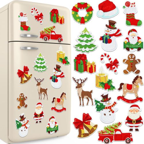 16 Pcs Christmas Diamond Art Magnets Kits for Refrigerator Snowman Santa Claus Deer Diamond Painting Magnets DIY Red Green Xmas Gem Art for Adults Beginners Crafts Home Decor Gift