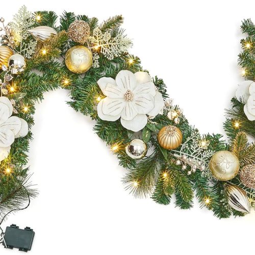 1 Christmas Garland with Lights, 6ft Prelit Christmas Garland for Mantle with 20 LED Lights Blue Silver Ball Ornaments Bows, Xmas Garlands for Fireplace Stairs Railing Indoor Outdoor Decorations