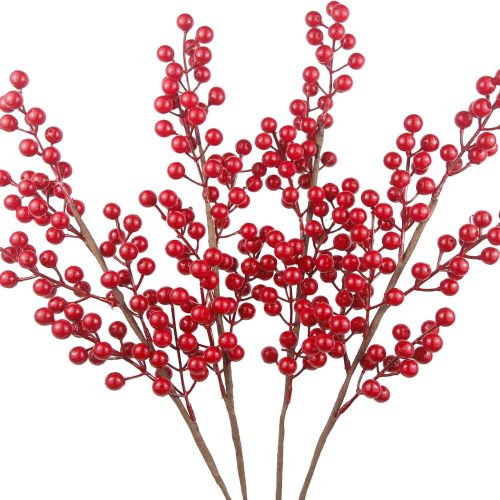 1 CISDUEO 4 Pcs Artificial Red Berry Stems Long Stems Christmas Red Berries Holly Berry Branches Fake Burgundy Berry Picks for Holiday Arrangements Christmas Tree Home DIY Winter Decor