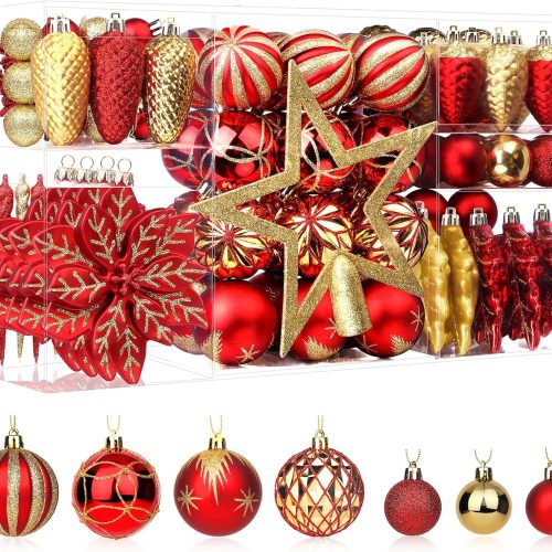 1 SHareconn 106PCS Christmas Balls Ornaments Set, Colorful Shatterproof Plastic Decorative Baubles for Xmas Tree Decor Holiday Wedding Party Decoration with Hanging Hooks, Red & Gold