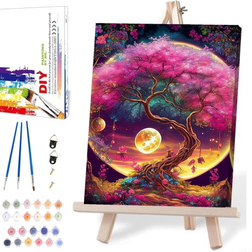 1 Paint by Numbers Kit for Adults Framed with Wooden Easel, Tree with Moon Painting by Numbers for Adults, Acrylic Adults Paint by Numbers Kits on Canvas Nice Gift Box for Home Wall Decor 12X16 Inch
