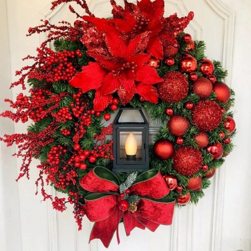 1 Pre-Lit Christmas Wreath With Lights, Bow Ribbon for Front Door - Winter Artificial Xmas Decorations (Red)
