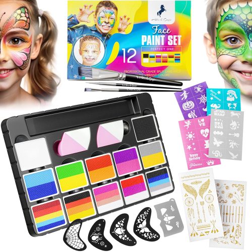 1 Face Paint Kit for Kids – 12 Vibrant Split Cake Colors, 40 Reusable Stencils, Brushes, Sponges & Tattoo Sheets – Non-Toxic, Paraben-Free, Easy to Apply & Wash Off – Perfect for Parties & Halloween.
