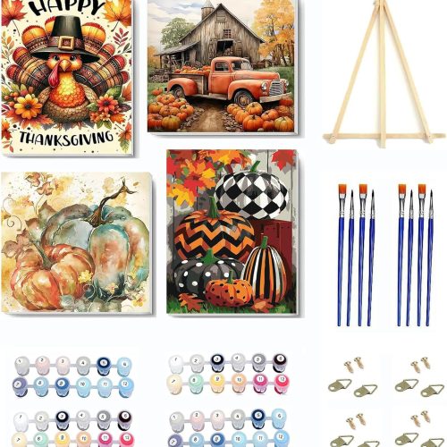 1 4 Pack Fall Pumpkin Paint by Numbers Kit for Adults Beginner with Frame,Thanksgiving Paint by Number with Wooden Easel DIY Adult Paint by Number Kits for Home Decor 10x10-9x12inch