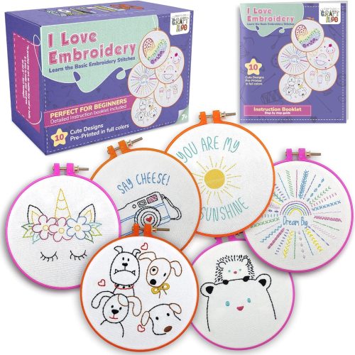 1 10 Pre-Stamped Embroidery Patterns for Beginners Embroidery Kit for Kids Girls Needlepoint Kits for Beginners Cross Stitch Craft Sewing Perfect for Ages 7-13