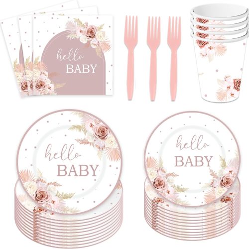1 120PCS Boho Baby Shower Party Plates and Napkins Cups Hello Baby Shower Dinnerware Supplies Pampas Grass Floral Rainbow for Baby Girls Tableware Set for 24 Guests