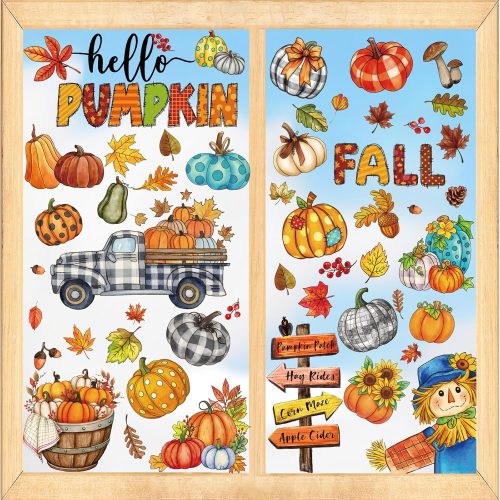 1 XZENTIRA 118 PCS Fall Window Clings Watercolor Pumpkin Maple Leaves Scarecrow Window Decals Fall Decorations for Home Office Holiday Party Supplies Autumn Decor 8 Sheets