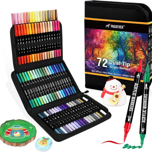 72 Colors Acrylic Paint Markers, Dual Tip with Fine Tip and Brush Tip Pens for Stone, Wood, Calligraphy, Canvas, Ceramic, Metal, Glass, Rock Painting, DIY Crafts Art Supplies Kit