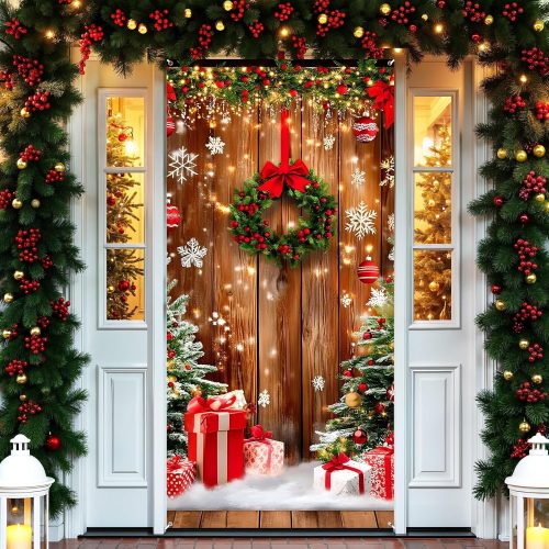 1 Christmas Door Cover Decorations Merry Christmas Front Door Banner Christmas Wood Grain Door Cover Xmas Wreath Gift Box Photo Booth Prop for Winter Holiday New Year Party Indoor Outdoor Decor