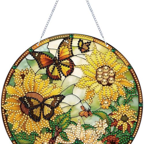 1 5D Sunflower Butterfly Diamond Painting Kits for Adults Hanging Sign Wall Art Sign Diamond Art Suncatcher Hanging Ornament Home Garden Wall Door Hanging Painting Kits, Yellow