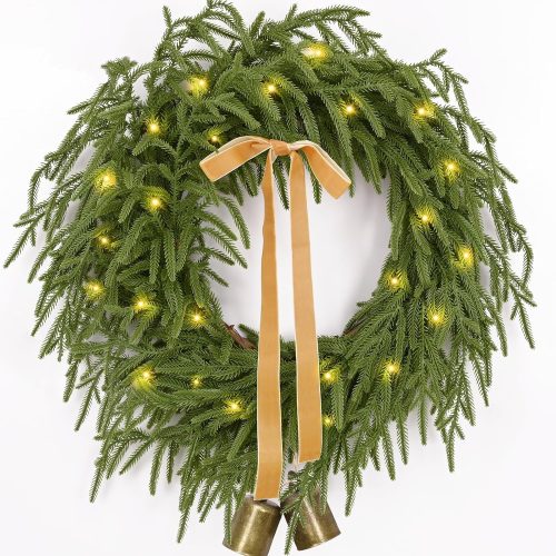 1 Christmas Wreath -24 Inch Real Touch Norfolk Pine Wreath for Front Door, Christmas Wreath with Lights, Greenery Wreath with Ribbon Bell for Home Table Wall Window Indoor Outdoor Christmas Decoration