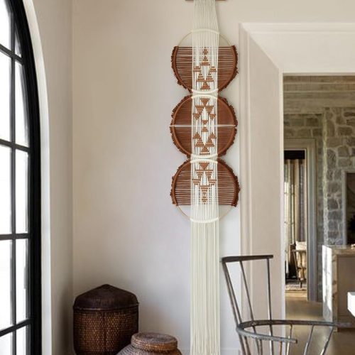 1 Flber Macrame Wall Hanging Brown and white Boho Wall Decor Art Living room wall art Round Handmade Geometric Lines Home Décor 11.8W x 65L