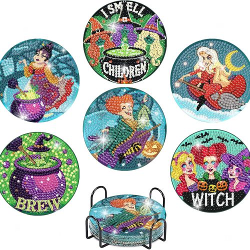 1 CEUHROG 6 Pcs Diamond Paintings Coasters Kits with Holder, DIY Halloween Coaster Diamond Art Kits,Full Drill Rhinestone Painting Kits for Adults Ki,Beginners Art Craft Supplies