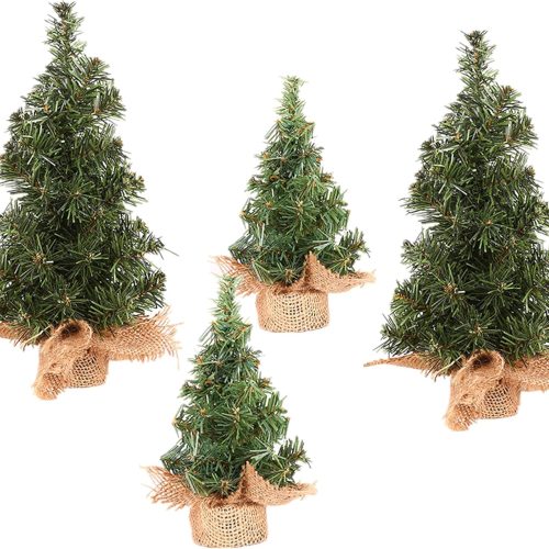 1 4 Pack Tabletop Mini Christmas Tree, 7.87" / 11.81" Artificial Miniature Pine Christmas Tree with Linen Base Perfect for Christmas Decorations, Home, Kitchen, Dining Table