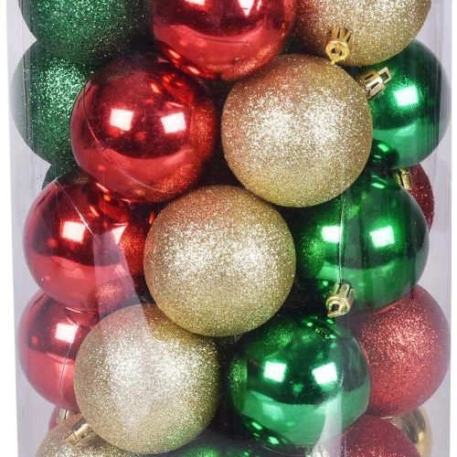 1 30ct Christmas Ball Ornaments, 2.36" Shatterproof Christmas Tree Decorations, Perfect Hanging Ball for Indoor/Outdoor Holiday Wedding Party Decor (Gold-Red-Green)