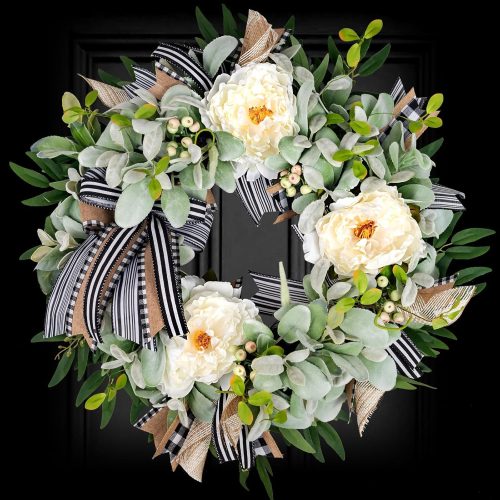 1 Lambs Ear Wreaths for Front Door Year Round Outside, 20'' Artificial Spring Summer Wreath with Peony Buffalo Bow Green Handmade Farmhouse Home Decor
