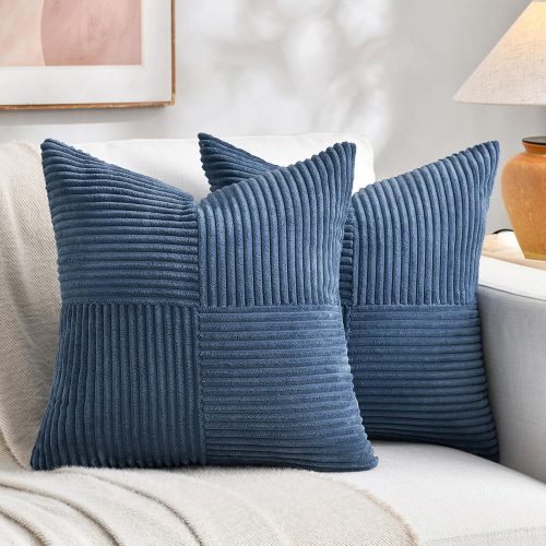 1 2 Packs Dusty Blue Decorative Throw Pillow Covers 18x18 Inch for Living Room Couch Bed, Farmhouse Boho Home Decor, Soft Corss Corduroy Patchwork Textured Square Cushion Case 45x45cm