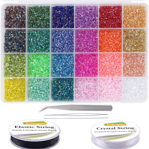 1 14400pcs Tube Beads Bugle Glass Seed Beads, Small Craft Spacer Beads for DIY Bracelet Necklaces Crafting Jewelry Making Supplies with Two Crystal String (3mm, 600 Per Color, 24 Colors)