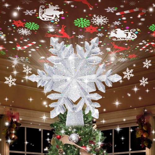 1 Christmas Tree Topper Lighted with 8 Projection Modes, Christmas Star Tree Topper LED Rotating Lights, 3D Silver Snowflake Star Tree Top Glitter Projector for Xmas Party Holiday Decorations