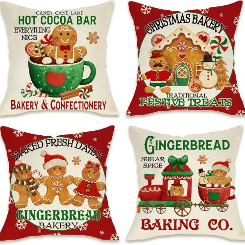 1 Christmas Gingerbread Man House Decorative Throw Pillow Cover 18x18 Set of 4, Xmas Bakery Hot Cocoa Porch Patio Outdoor Pillowcase, Winter Holiday Baking Lover Gifts Cushion Case Home Decor