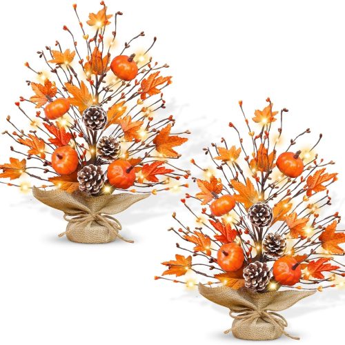1 Timer - 2 Pack 18 Inch Lighted Fall Tree Thanksgiving Decorations, Fall Maple Tree with Pumpkins Pinecones 40 LEDs Battery Operated, Artificial Tabletop Trees for Thanksgiving Table Decor Home Indoor