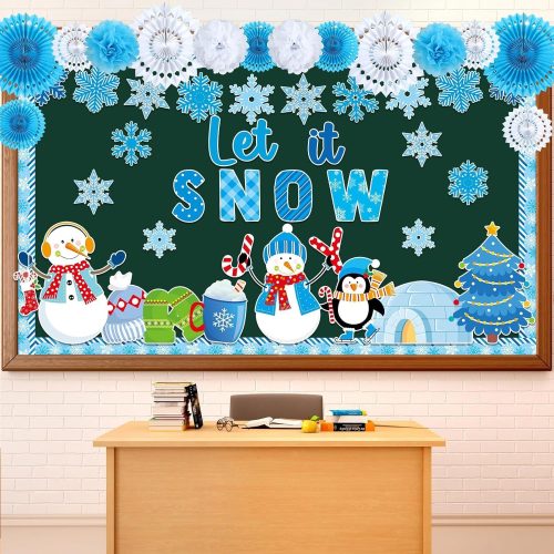 Winter Bulletin Board Decorations Set 3D Christmas Wonderland Snowman Classroom Decor with Paper Pom Poms Paper Fans Snowflakes Penguin Cutouts for School Wall Door Christmas Holiday Party Supplies