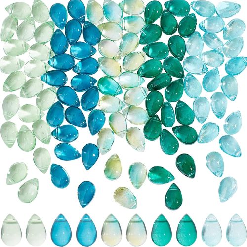 100 Pcs Teardrop Czech Glass Beads, 5 Colors Transparent Crystal Beads with Glitter Water Drop Loose Pendants Beads for DIY Necklace Earring Bracelet Jewelry Making, Blue&Green