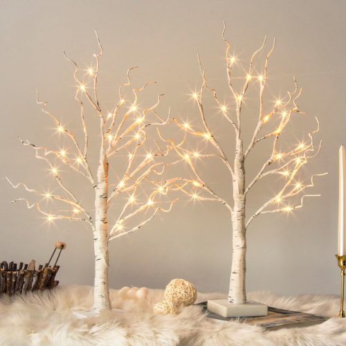 White Birch Tree with LED Lights - Set of 2, Tabletop Tree with Timer, Christmas Decorations Lighted Tree for Indoor Mantel Home Decor (2 FT, 24 LED)