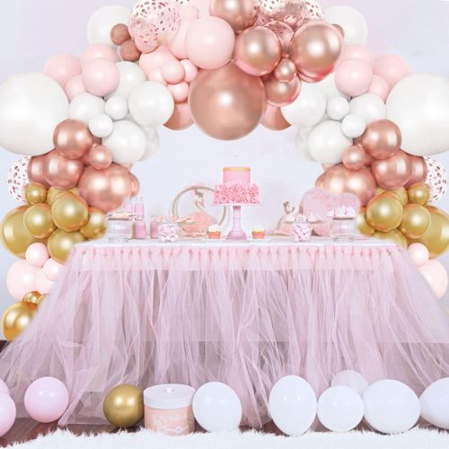 Pink and White Rose Gold Balloon Arch Garland Kit, 125pcs Pink and White Metallic Rose Gold Balloons Assorted Colors Sizes for Wedding Bridal Shower Princess Birthday Party Baby Shower Decorations