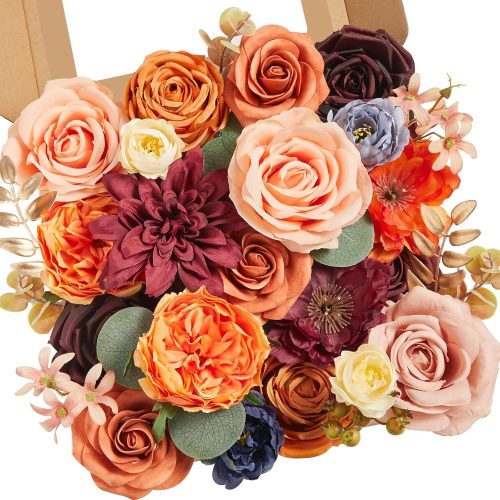 Artificial Fall Flowers Orange Burgundy Silk Flowers Wedding Flowers Combo for Cake Home Party Decoration, Fake Flowers for Bridal Bouquets Floral Arrangements