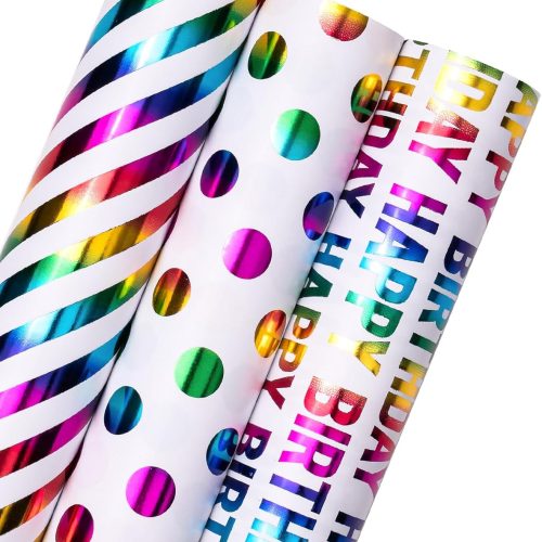 Birthday Wrapping Paper Roll - Mini Roll - 3 Rolls - 17 inch x 120 inch Per roll - Colorful Foil Birthday Design for Party, Holiday, Baby Shower