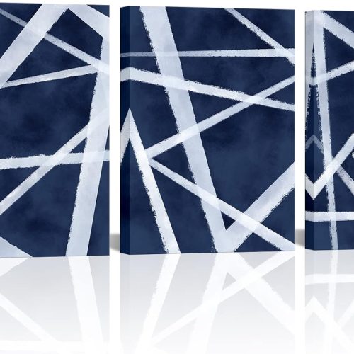 Blue Abstract Wall Art Navy Blue Bathroom Decor Blue Pictures Wall Decor Modern Home Decor Geometric Canvas Wall Art Framed 12x16inchx3 Piece (Navy Blue)