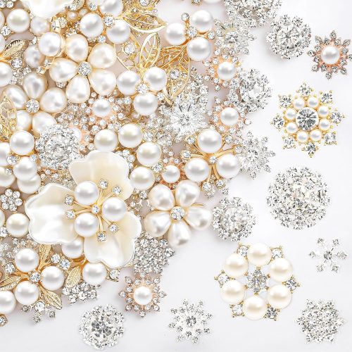 40 Pcs Rhinestone Buttons Faux Pearl Buttons Flat Back Embellishments for Jewelry Making DIY Craft Wedding Hair Bouquet Home Decoration Party Accessory