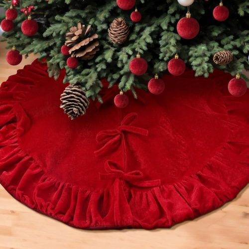 36 Inch Velvet Christmas Tree Skirt Fit for 5-7 ft Christmas Tree, Red Luxury Plush Fur Skirts with Lattice Center for Xmas Indoor Outdoor Decor Home Supplies