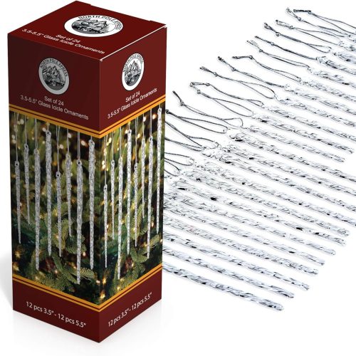 Twisted Clear Glass Icicle Christmas Ornaments for Christmas Trees - Set of 24 Icicles Christmas Tree Decorations - Christmas Tree Ornaments Crystal