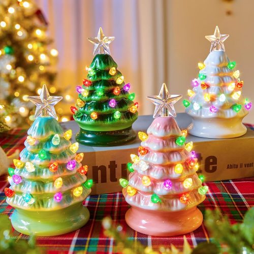 5 Inch Mini Ceramic Christmas Tree Set - 4 Pack Pre-lit Tabletop Christmas Tree with Multicolored LED Light, Battery Operated Small Lighted Tree for Home Table Holiday Decoration