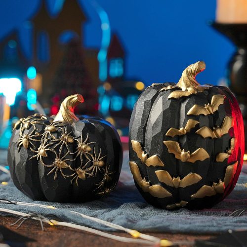 Black Halloween Pumpkins with Bats and Spiders, 2Pcs Black and Gold Pumpkin Decor, Small Resin Decorative Pumpkin for Halloween Party Tabletop Decoration