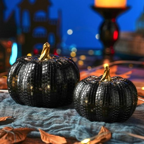 Black Pumpkins for Halloween Decor, Halloween Pumpkin Decor with Disco Effect, Modern Black Pumpkins for Decorating, Small Decorative Pumpkin with Gold Stem for Tabletop, Fall, Thanksgiving